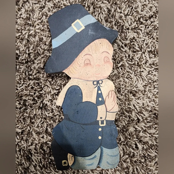 Vintage Wood Pilgrams Praying Thanksgiving Hand Painted 8" - Picture 3 of 8